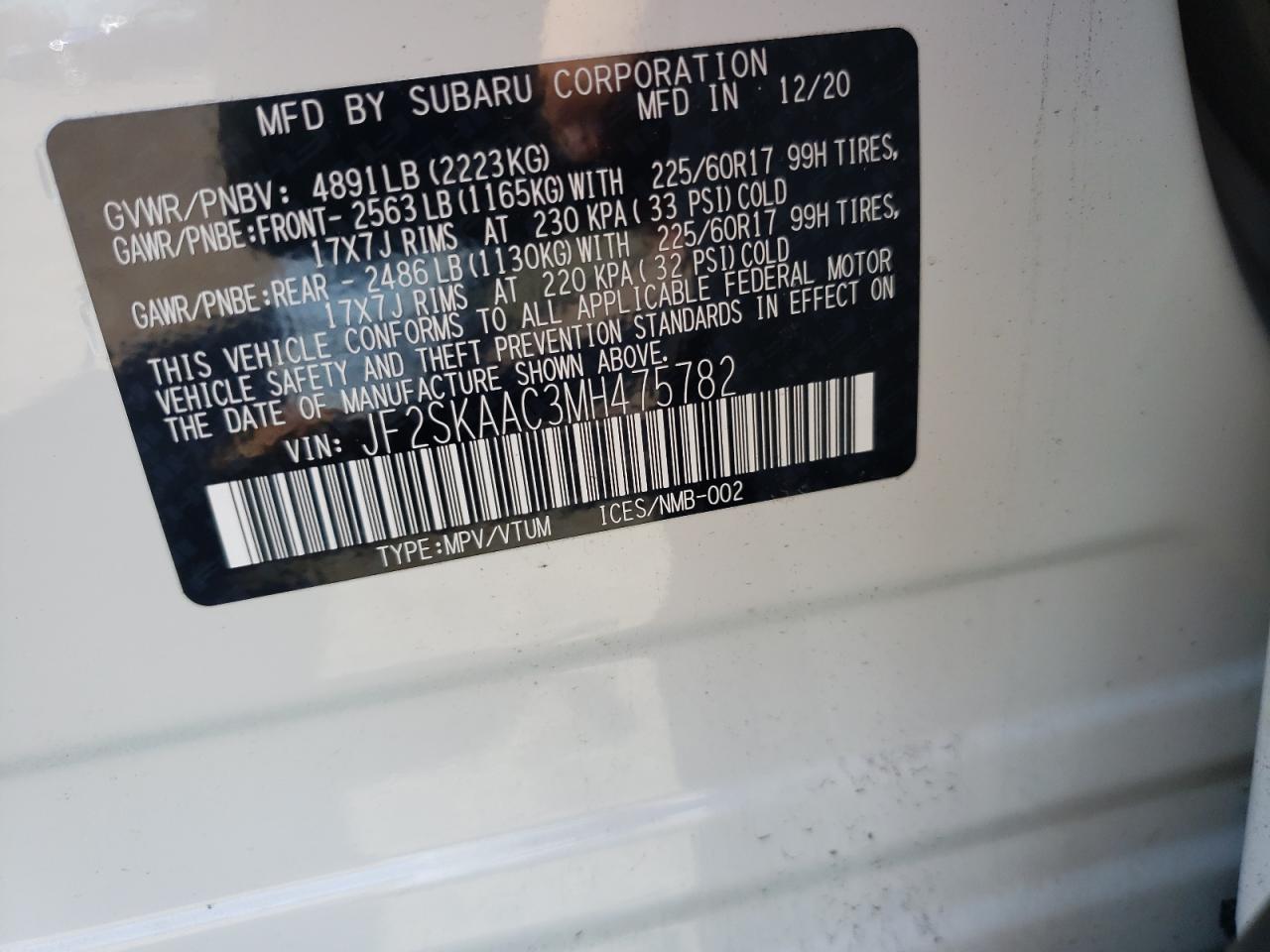 Photo 10 from auction – 2021 SUBARU FORESTER with VIN JF2SKAAC3MH475782