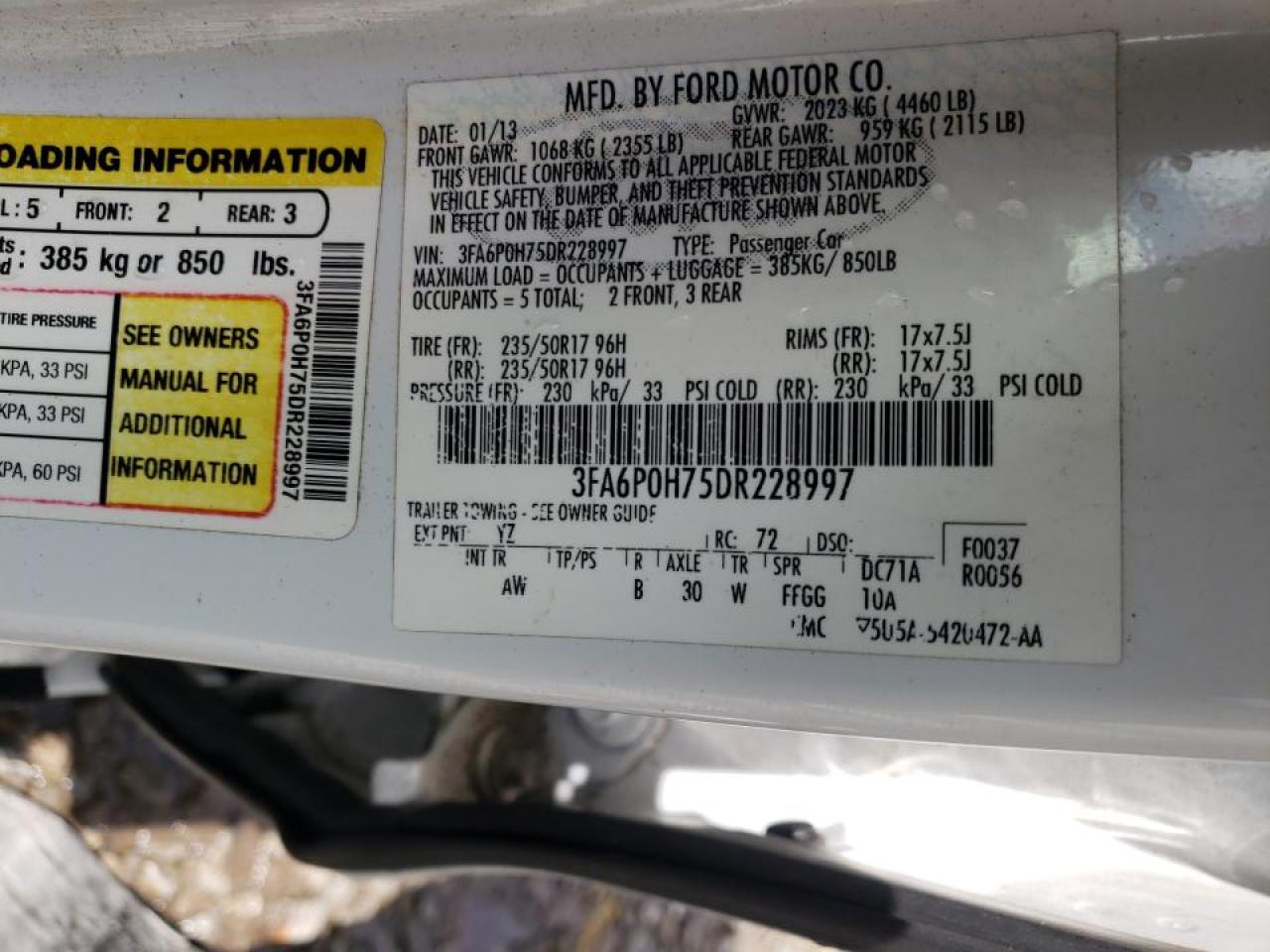 Photo 10 from auction – 2013 FORD FUSION SE with VIN 3FA6P0H75DR228997