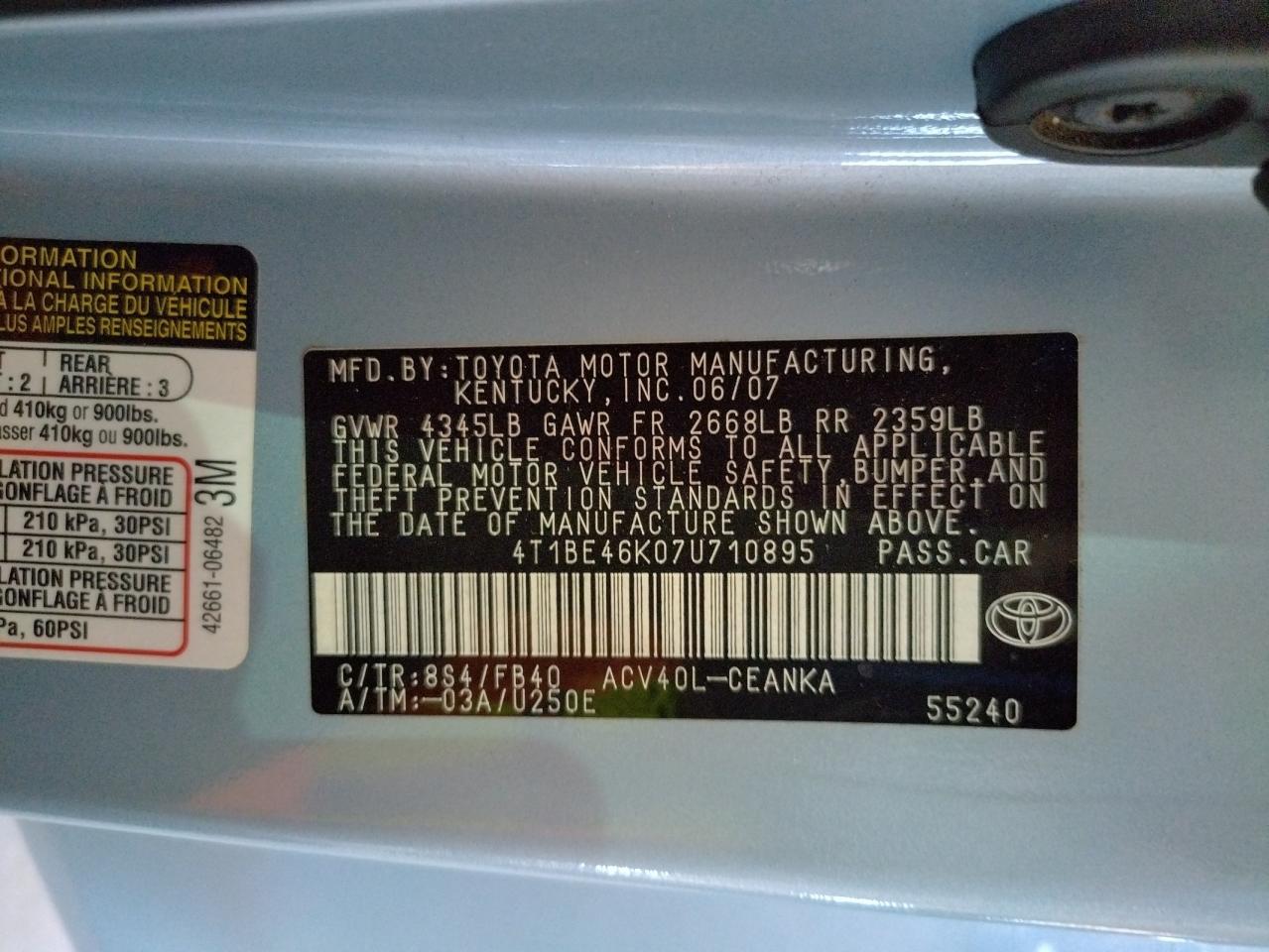Photo 10 from auction – 2007 TOYOTA CAMRY CE with VIN 4T1BE46K07U710895
