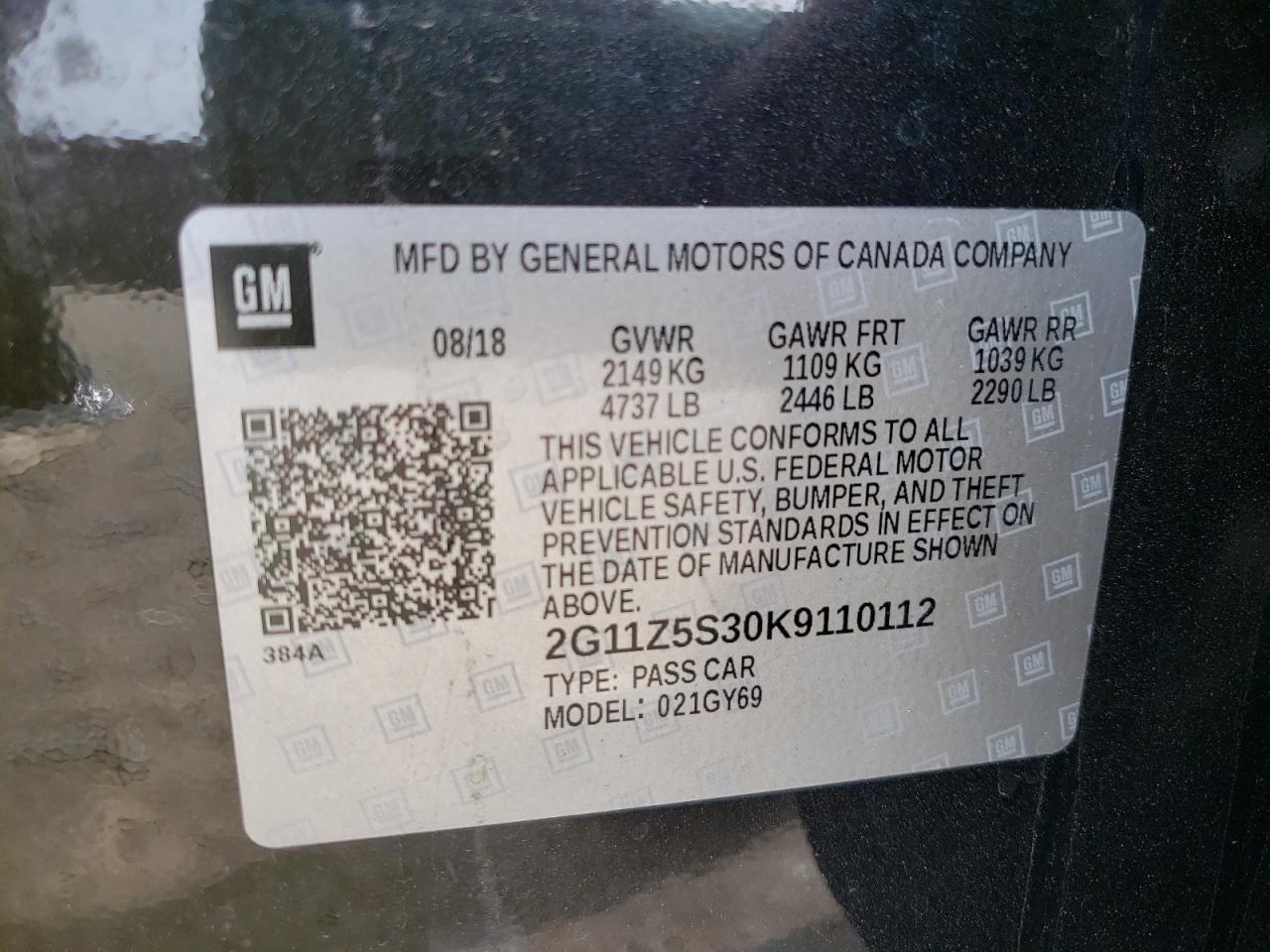 Photo 10 from auction – 2019 CHEVROLET IMPALA LT with VIN 2G11Z5S30K9110112