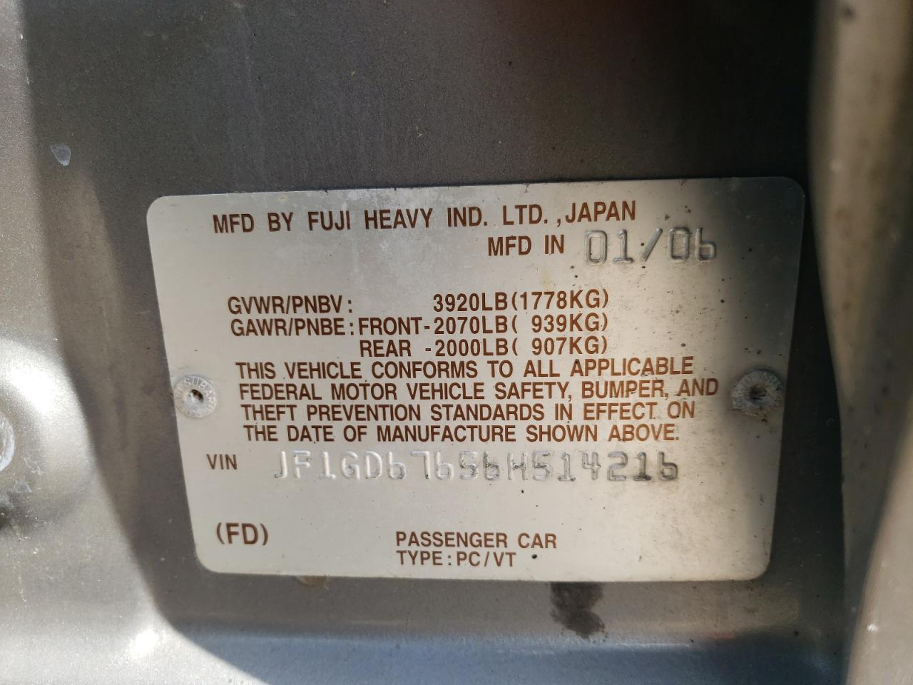 Photo 10 from auction – 2006 SUBARU IMPREZA 2. with VIN JF1GD67656H514216