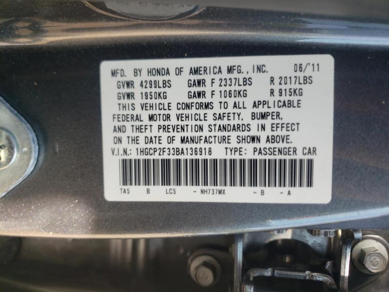Photo 10 from auction – 2011 HONDA ACCORD LX with VIN 1HGCP2F33BA136918