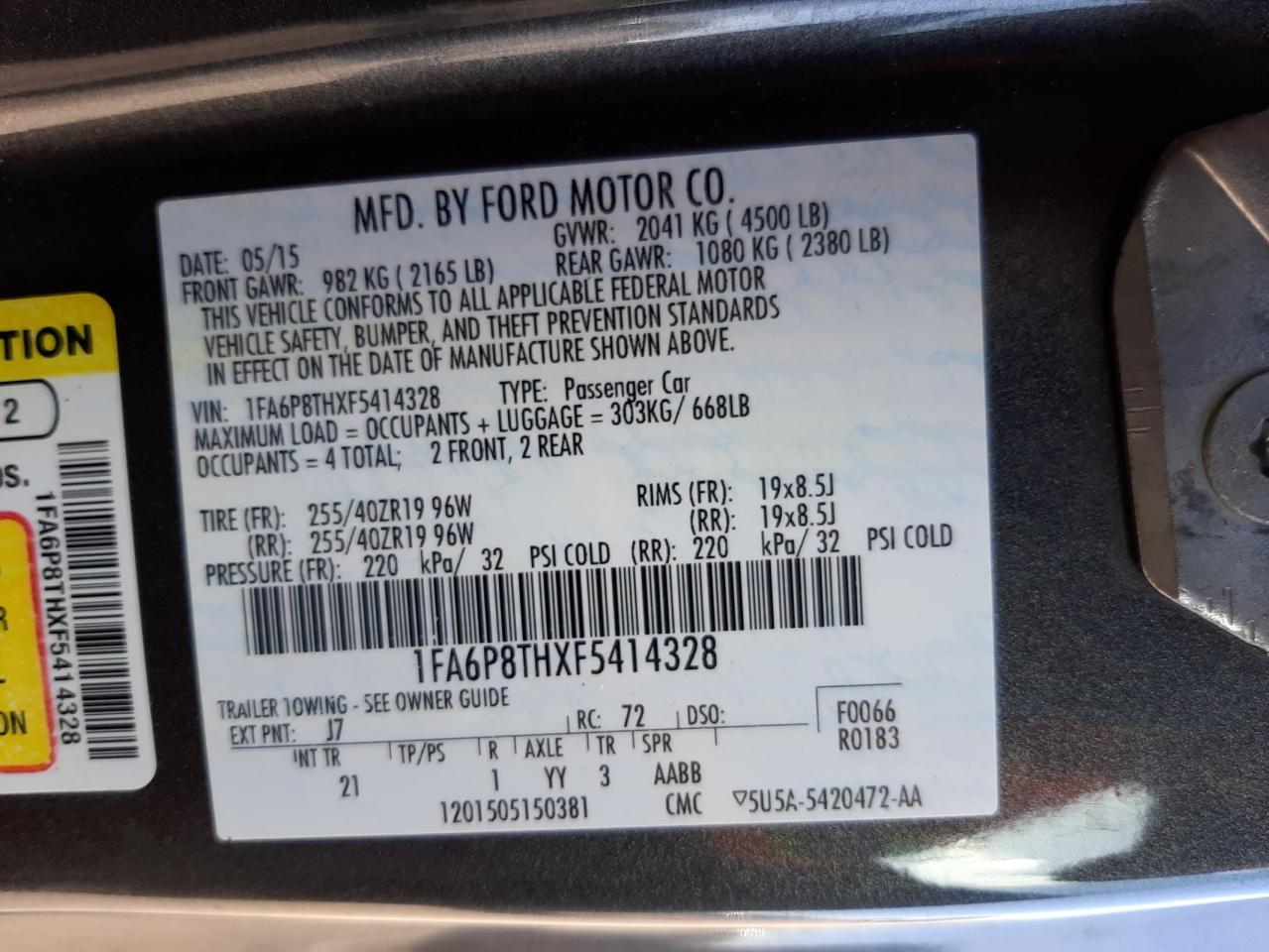 Photo 10 from auction – 2015 FORD MUSTANG with VIN 1FA6P8THXF5414328