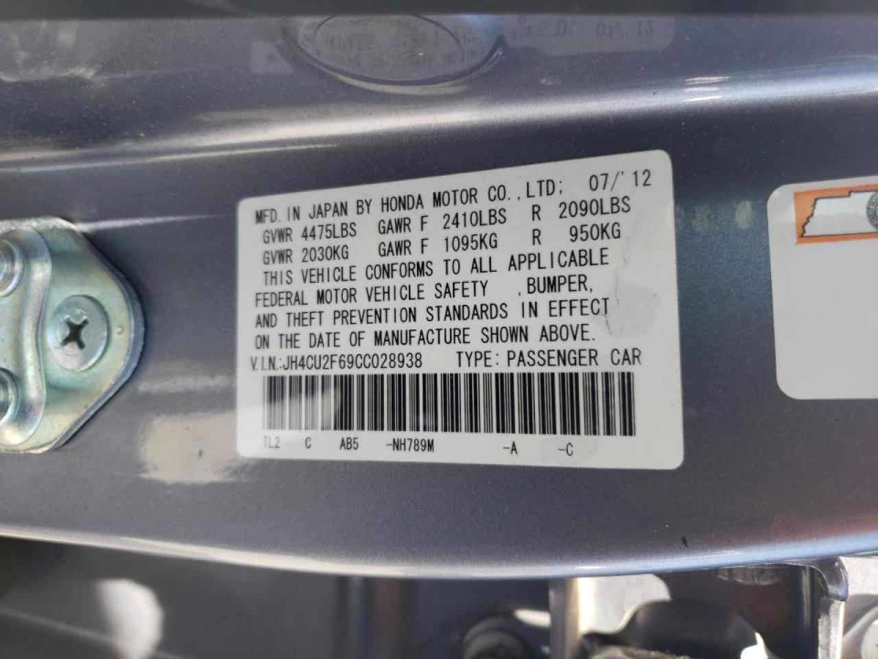 Photo 10 from auction – 2012 ACURA TSX TECH with VIN JH4CU2F69CC028938