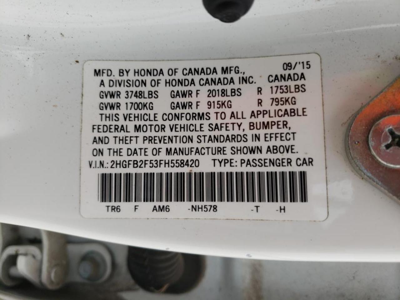 Photo 10 from auction – 2015 HONDA CIVIC LX with VIN 2HGFB2F53FH558420