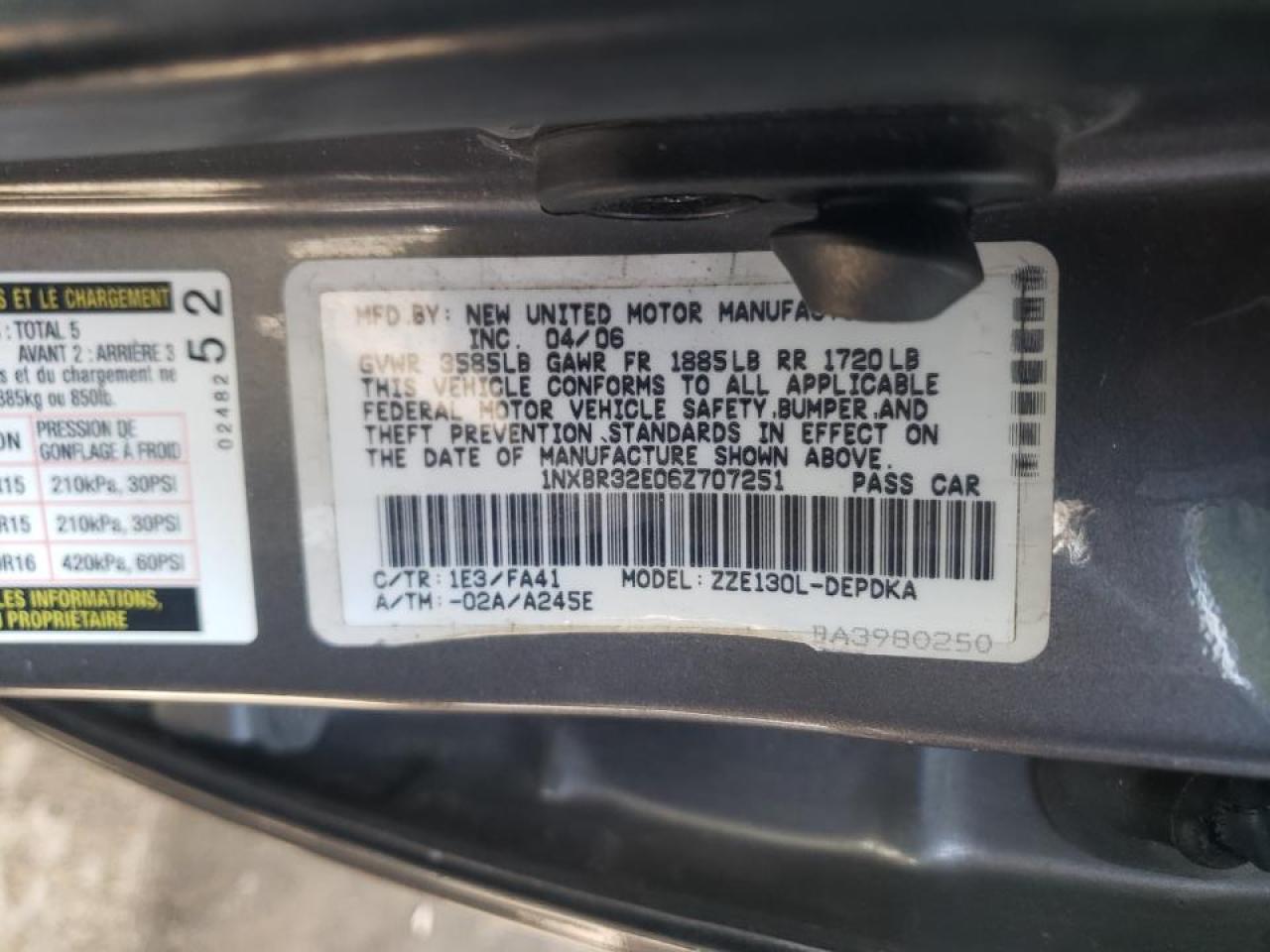 Photo 10 from auction – 2006 TOYOTA COROLLA CE with VIN 1NXBR32E06Z707251