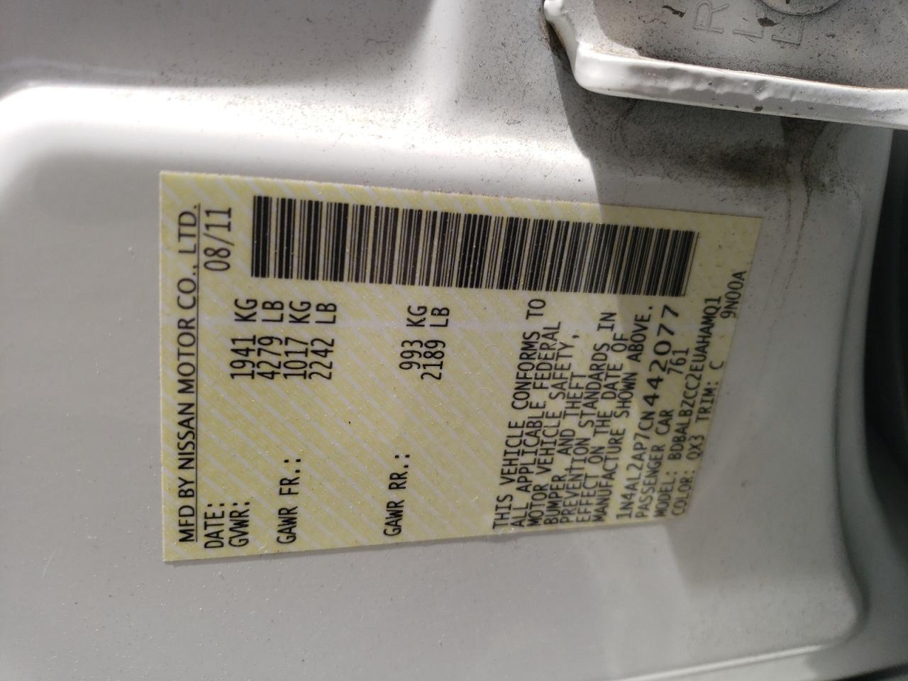 Photo 10 from auction – 2012 NISSAN ALTIMA BAS with VIN 1N4AL2AP7CN442077