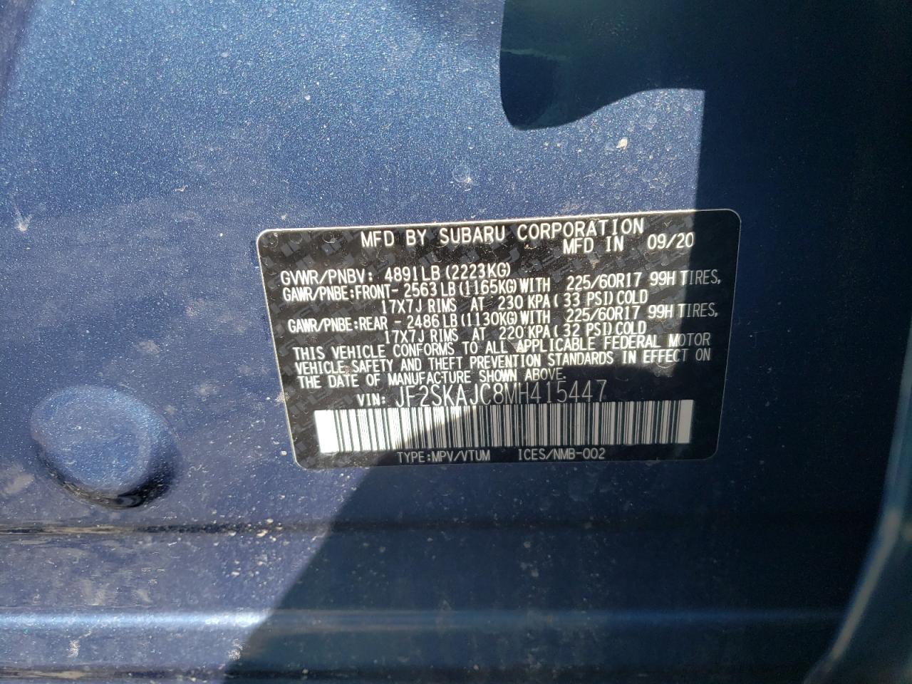Photo 10 from auction – 2021 SUBARU FORESTER P with VIN JF2SKAJC8MH415447