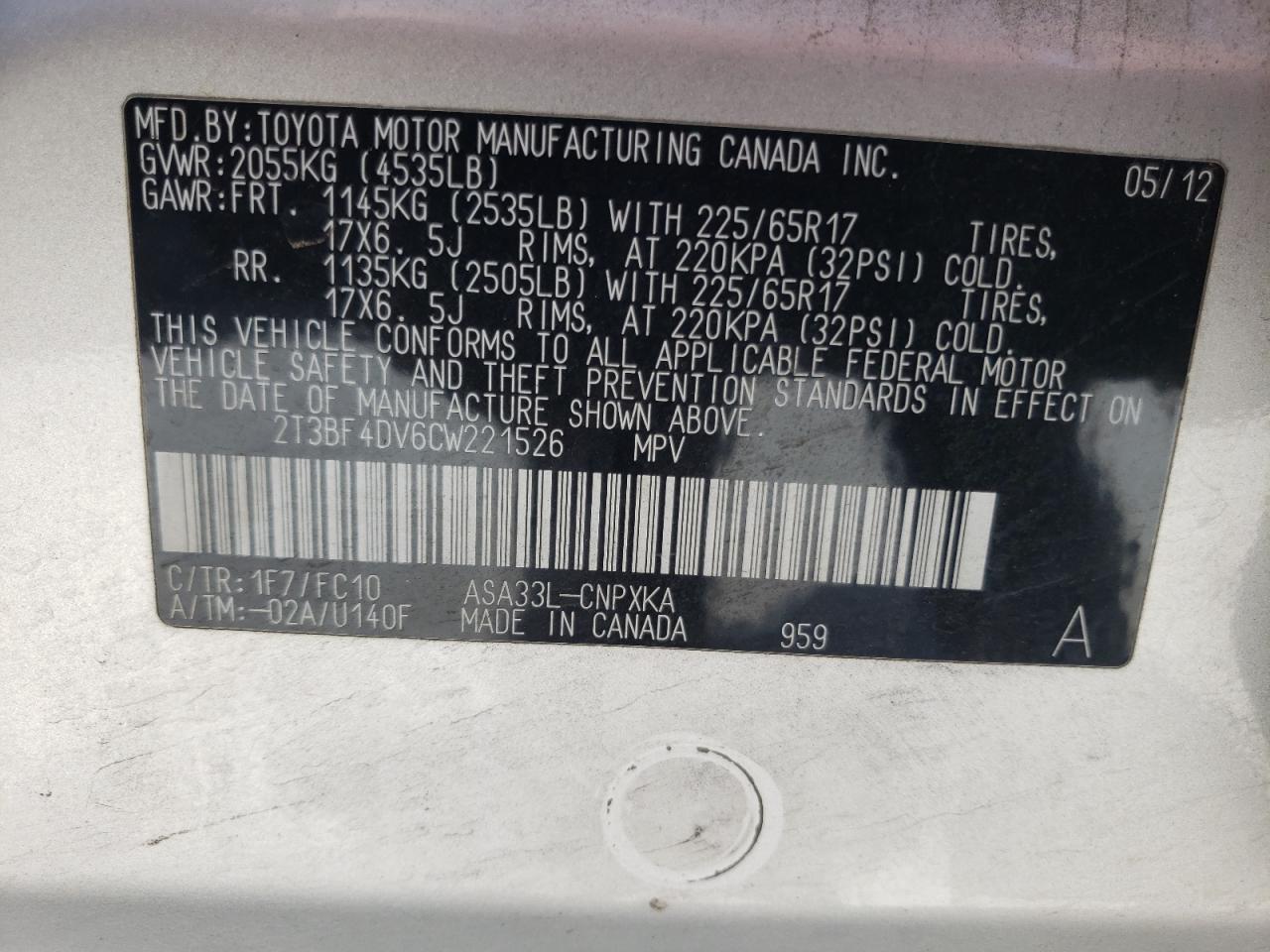 Photo 10 from auction – 2012 TOYOTA RAV4 with VIN 2T3BF4DV6CW221526