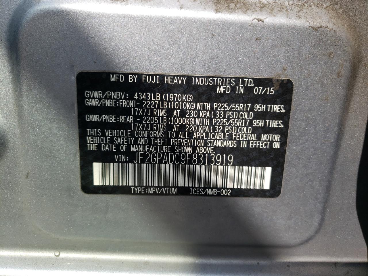 Photo 10 from auction – 2015 SUBARU XV CROSSTR with VIN JF2GPADC9F8313919