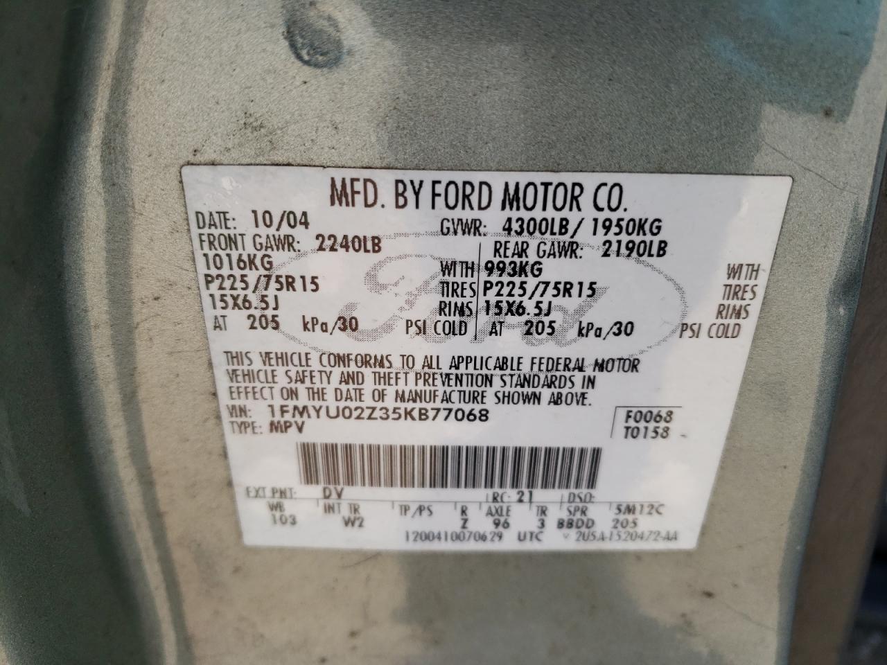 Photo 10 from auction – 2005 FORD ESCAPE XLS with VIN 1FMYU02Z35KB77068