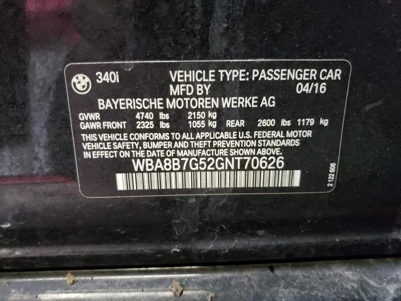 Photo 10 from auction – 2016 BMW 340 XI with VIN WBA8B7G52GNT70626