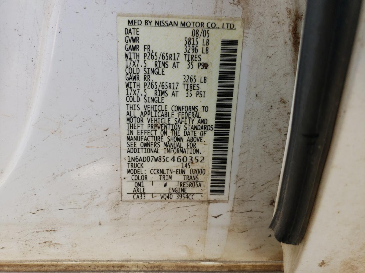 Photo 10 from auction – 2005 NISSAN FRONTIER C with VIN 1N6AD07W85C460352