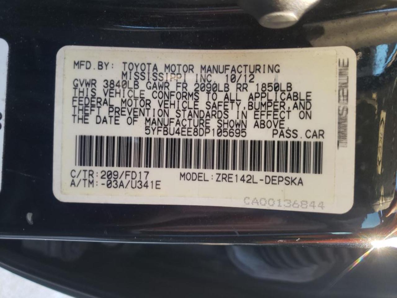 Photo 10 from auction – 2013 TOYOTA COROLLA BA with VIN 5YFBU4EE8DP105695