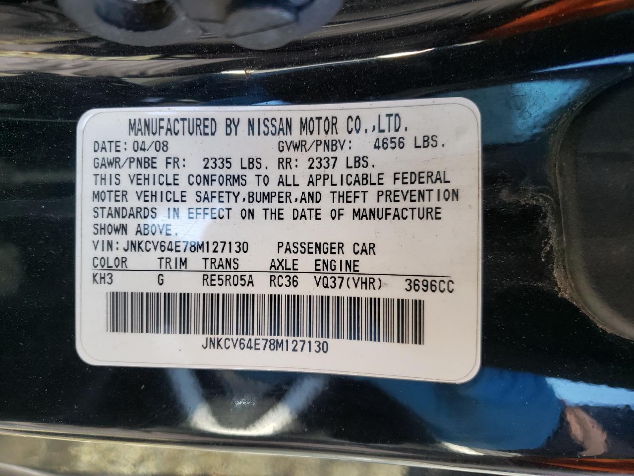 Photo 10 from auction – 2008 INFINITI G37 BASE with VIN JNKCV64E78M127130
