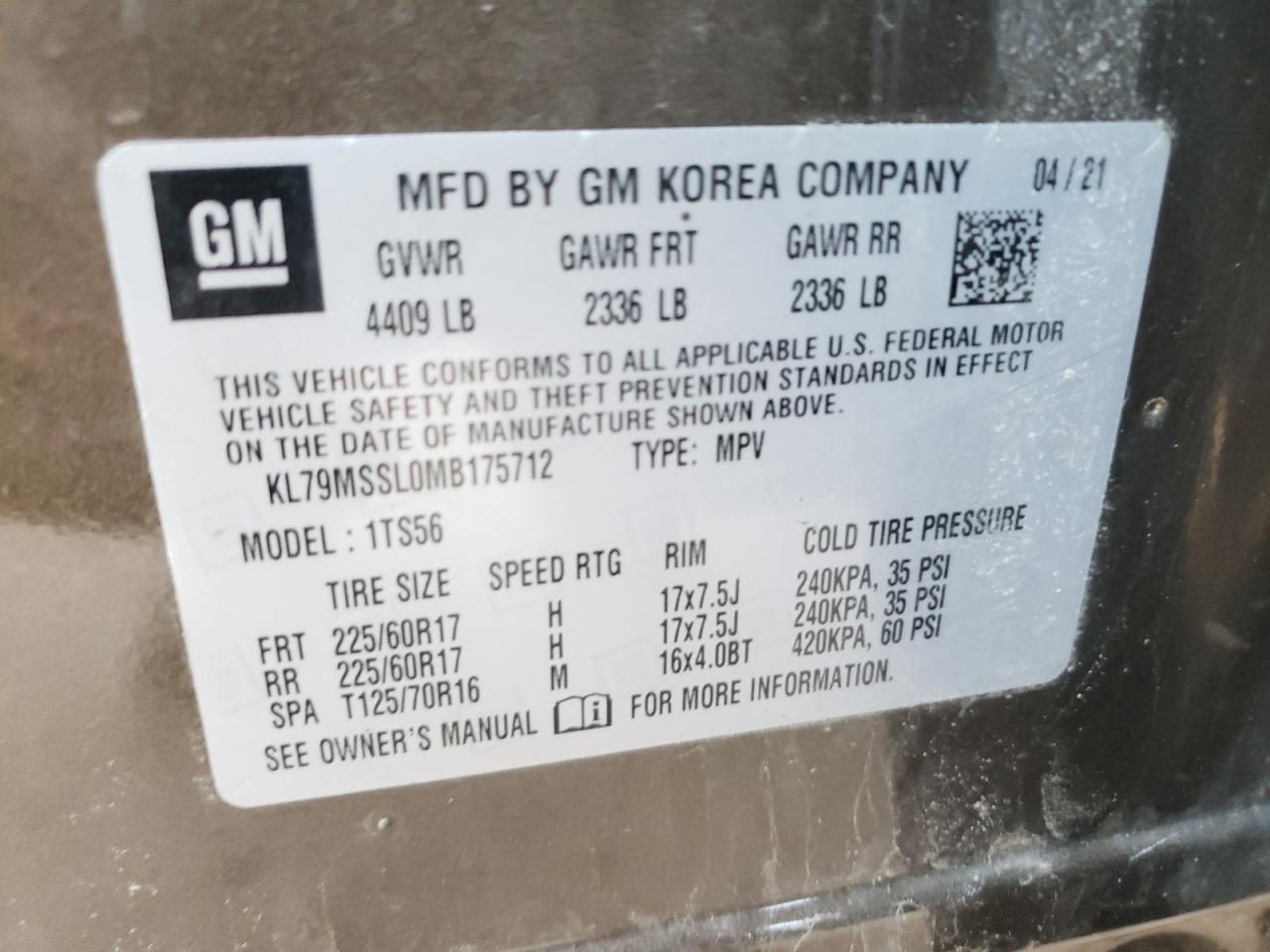 Photo 10 from auction – 2021 CHEVROLET TRAILBLAZE with VIN KL79MSSL0MB175712