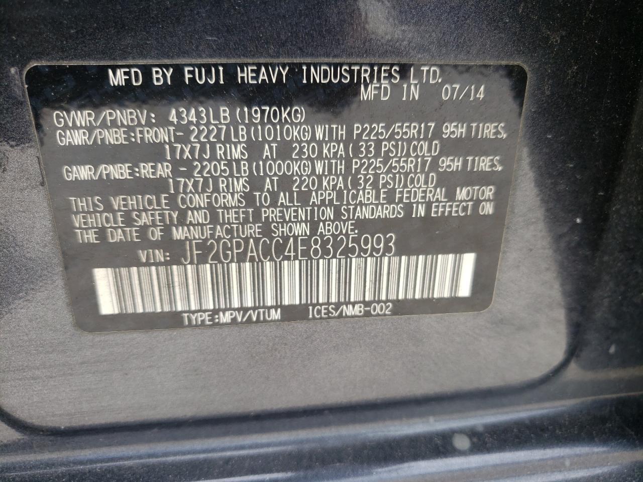 Photo 10 from auction – 2014 SUBARU XV CROSSTR with VIN JF2GPACC4E8325993