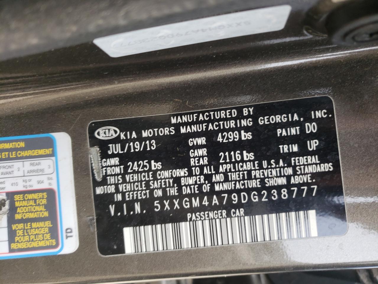 Photo 10 from auction – 2013 KIA OPTIMA LX with VIN 5XXGM4A79DG238777