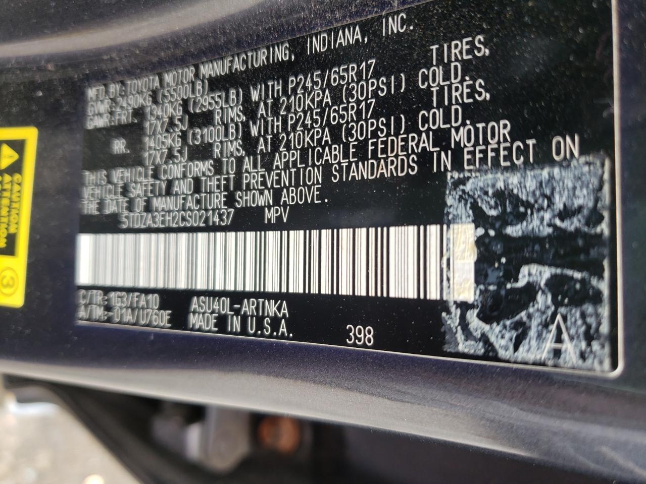 Photo 10 from auction – 2012 TOYOTA HIGHLANDER with VIN 5TDZA3EH2CS021437