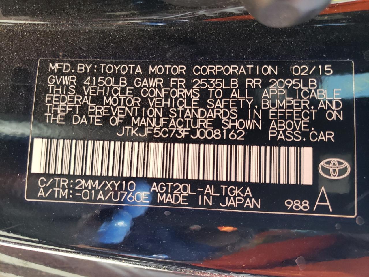 Photo 10 from auction – 2015 TOYOTA SCION TC with VIN JTKJF5C73FJ008162