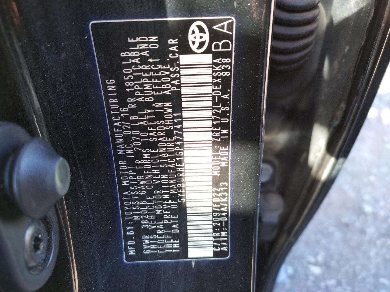 Photo 10 from auction – 2016 TOYOTA COROLLA L with VIN 5YFBURHE1GP477411