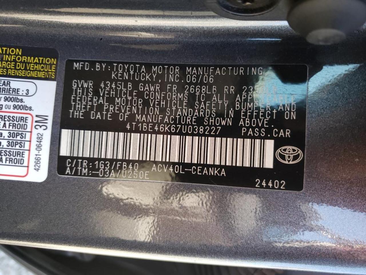 Photo 10 from auction – 2007 TOYOTA CAMRY CE with VIN 4T1BE46K67U038227