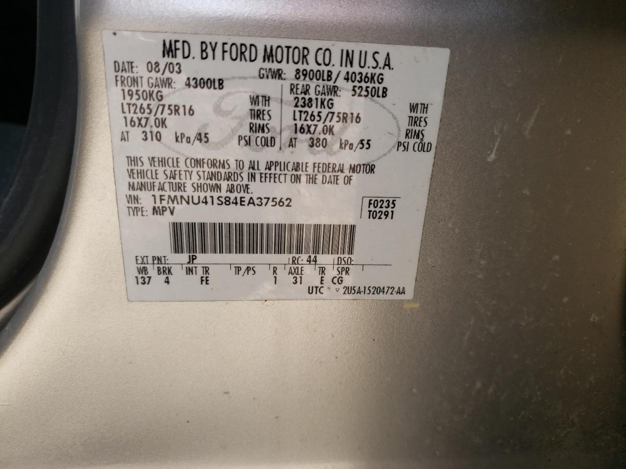 Photo 20 from auction – 2004 FORD EXCURSION with VIN 1FMNU41S84EA37562