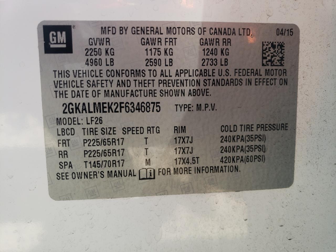 Photo 10 from auction – 2015 GMC TERRAIN SL with VIN 2GKALMEK2F6346875