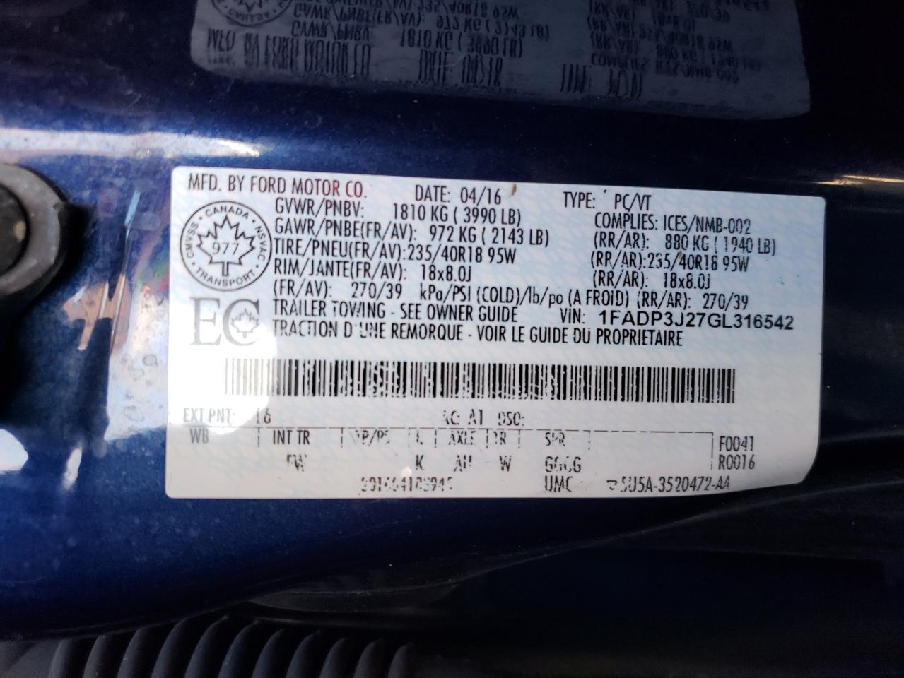 Photo 10 from auction – 2016 FORD FOCUS TITA with VIN 1FADP3J27GL316542