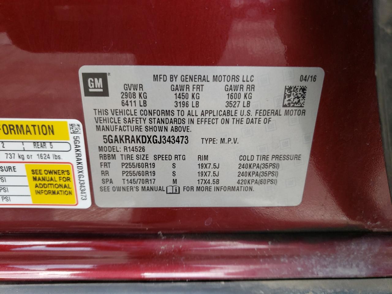 Photo 10 from auction – 2016 BUICK ENCLAVE with VIN 5GAKRAKDXGJ343473