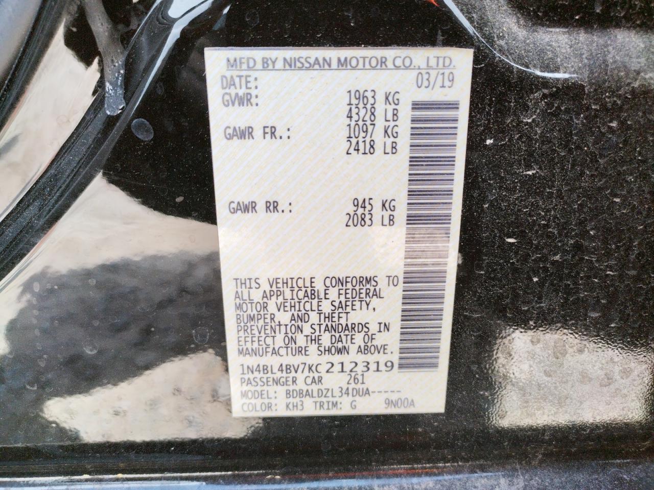 Photo 10 from auction – 2019 NISSAN ALTIMA S with VIN 1N4BL4BV7KC212319