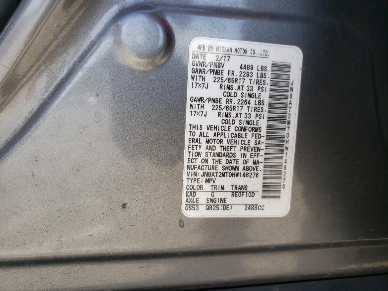 Photo 10 from auction – 2017 NISSAN ROGUE S with VIN JN8AT2MT0HW146276