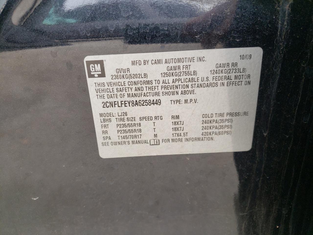 Photo 10 from auction – 2010 CHEVROLET EQUINOX LT with VIN 2CNFLFEY8A6258449