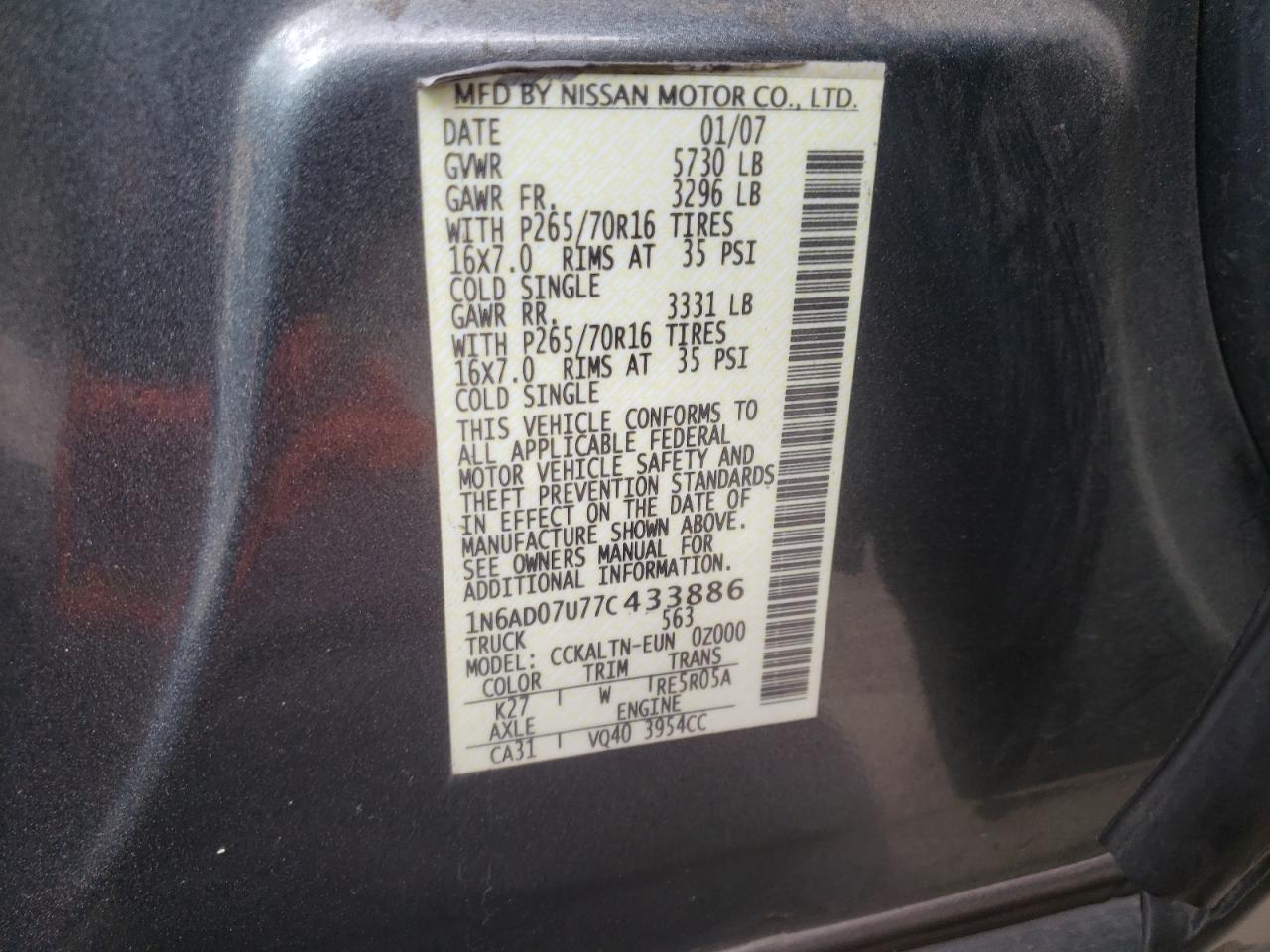 Photo 10 from auction – 2007 NISSAN FRONTIER C with VIN 1N6AD07U77C433886