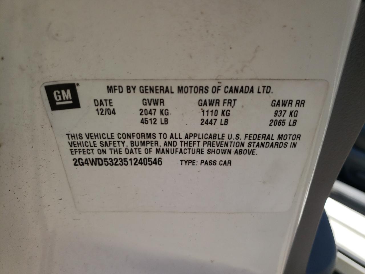 Photo 10 from auction – 2005 BUICK LACROSSE C with VIN 2G4WD532351240546
