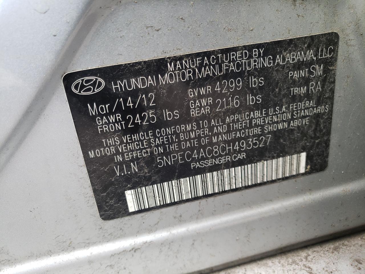 Photo 10 from auction – 2012 HYUNDAI SONATA SE with VIN 5NPEC4AC8CH493527