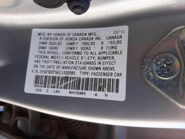 Photo 10 from auction – 2012 HONDA CIVIC LX with VIN 2HGFB2F56CH322985