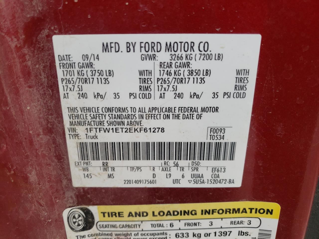 Photo 10 from auction – 2014 FORD F150 with VIN 1FTFW1ET2EKF61278