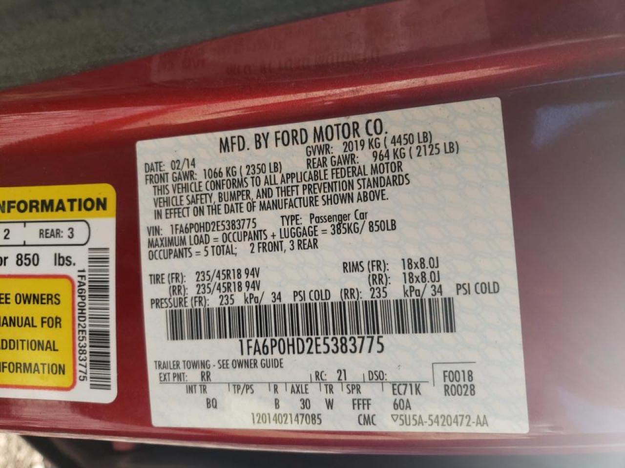 Photo 10 from auction – 2014 FORD FUSION SE with VIN 1FA6P0HD2E5383775