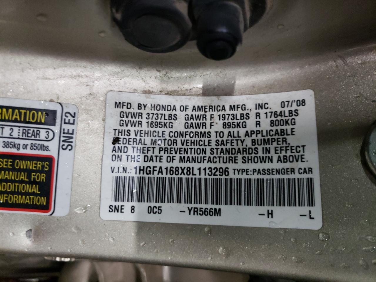 Photo 10 from auction – 2008 HONDA CIVIC EX with VIN 1HGFA168X8L113296