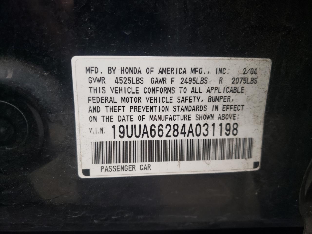 Photo 10 from auction – 2004 ACURA TL with VIN 19UUA66284A031198