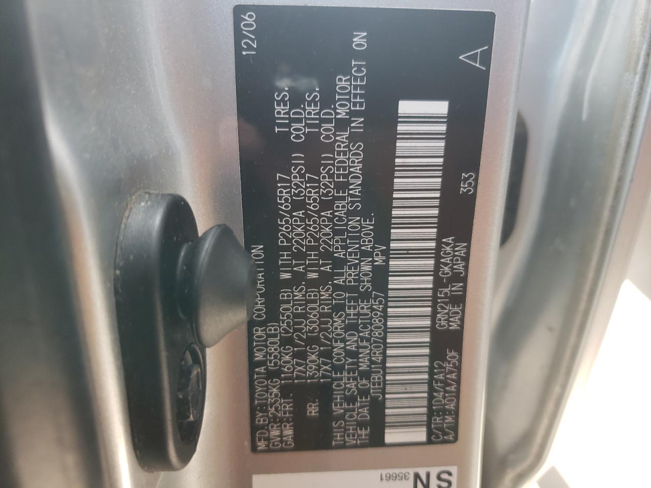 Photo 10 from auction – 2007 TOYOTA 4RUNNER SR with VIN JTEBU14R078089457