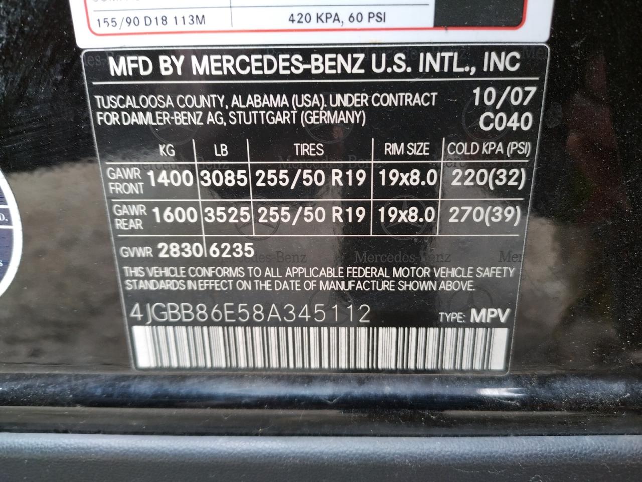Photo 10 from auction – 2008 MERCEDES-BENZ ML 350 with VIN 4JGBB86E58A345112