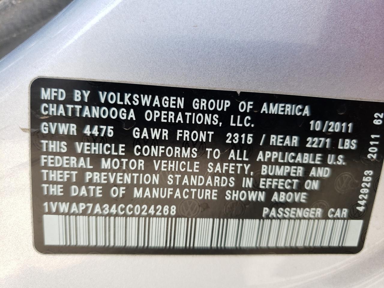 Photo 10 from auction – 2012 VOLKSWAGEN PASSAT S with VIN 1VWAP7A34CC024268