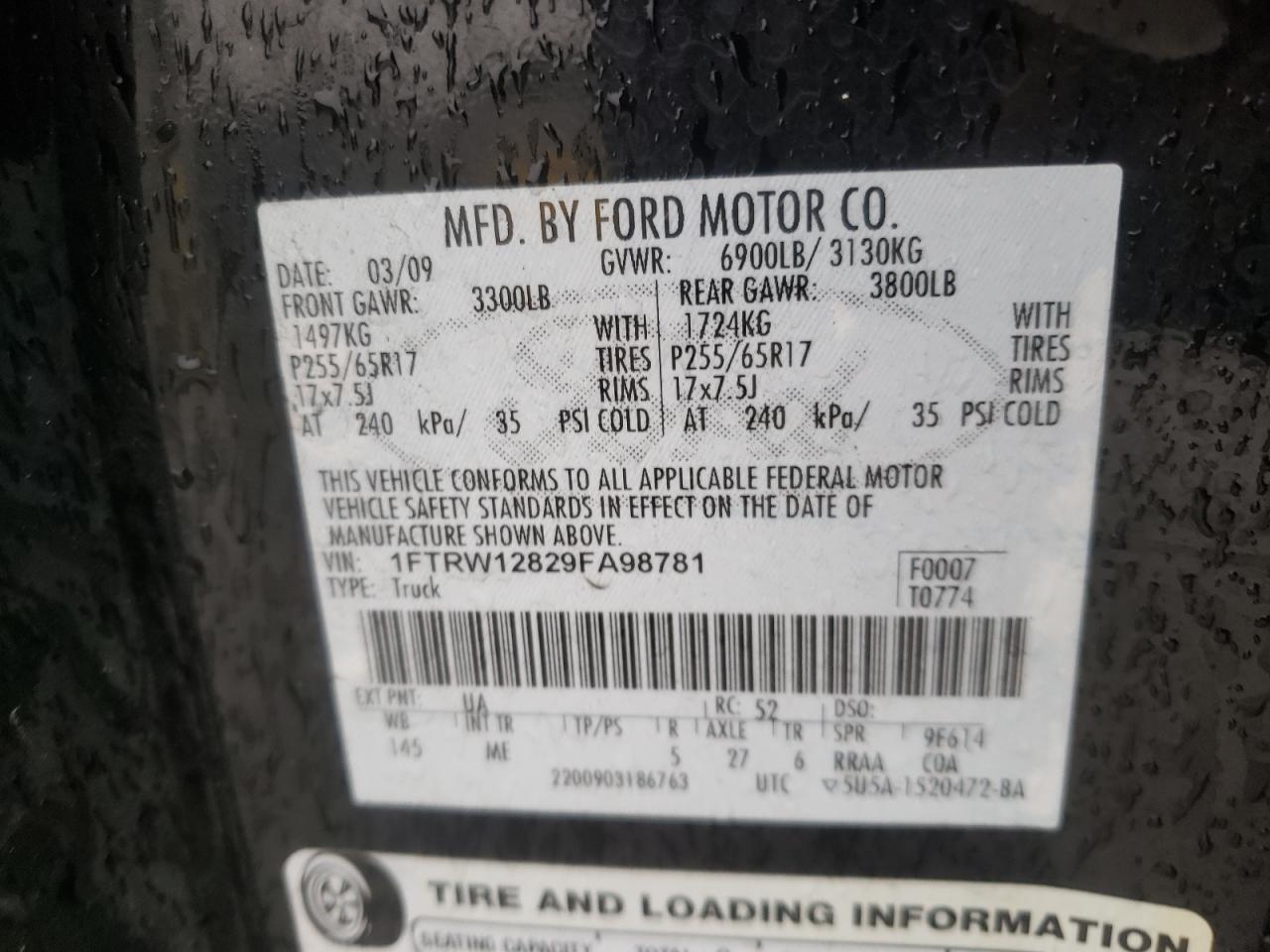 Photo 10 from auction – 2009 FORD F150 SUPER with VIN 1FTRW12829FA98781