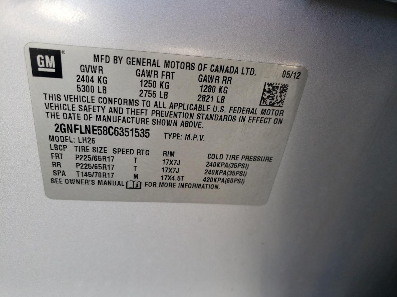 Photo 10 from auction – 2012 CHEVROLET EQUINOX LT with VIN 2GNFLNE58C6351535