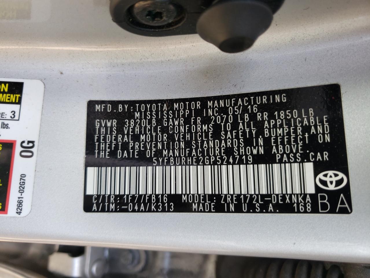 Photo 10 from auction – 2016 TOYOTA COROLLA L with VIN 5YFBURHE2GP524719