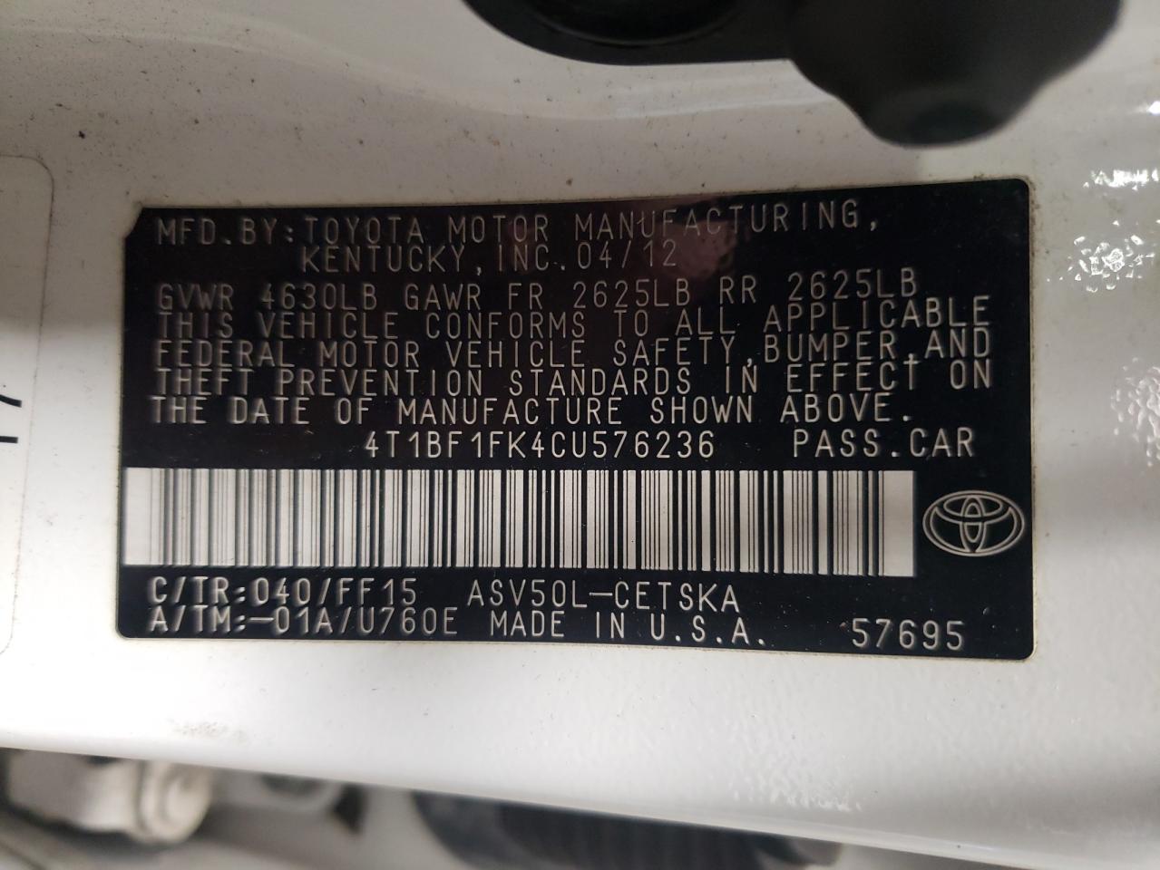 Photo 10 from auction – 2012 TOYOTA CAMRY BASE with VIN 4T1BF1FK4CU576236