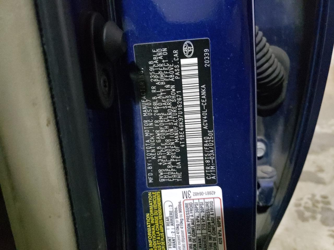 Photo 10 from auction – 2007 TOYOTA CAMRY CE with VIN 4T1BE46K97U162671