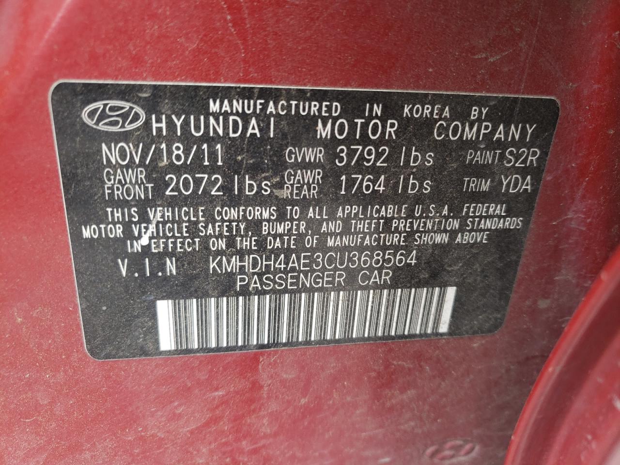 Photo 10 from auction – 2012 HYUNDAI ELANTRA GL with VIN KMHDH4AE3CU368564